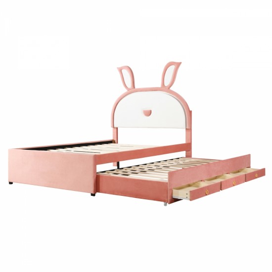 Full Size Upholstered Platform Bed with Trundle and 3 Drawers, Rabbit-Shaped Headboard with Embedded LED Lights, Pink