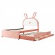 Full Size Upholstered Platform Bed with Trundle and 3 Drawers, Rabbit-Shaped Headboard with Embedded LED Lights, Pink