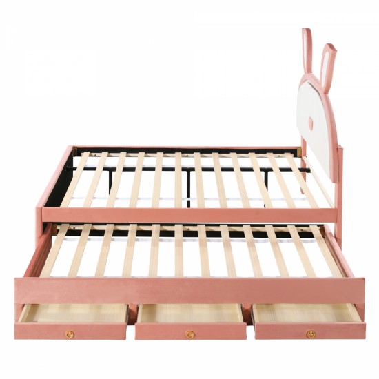 Full Size Upholstered Platform Bed with Trundle and 3 Drawers, Rabbit-Shaped Headboard with Embedded LED Lights, Pink