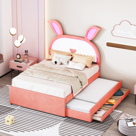 Full Size Upholstered Platform Bed with Trundle and 3 Drawers, Rabbit-Shaped Headboard with Embedded LED Lights, Pink