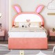 Full Size Upholstered Platform Bed with Trundle and 3 Drawers, Rabbit-Shaped Headboard with Embedded LED Lights, Pink