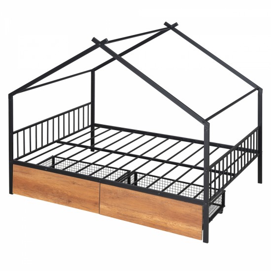 Full Size Metal House Bed with Two Drawers, Black