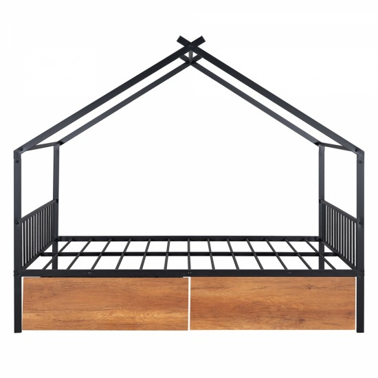 Full Size Metal House Bed with Two Drawers, Black