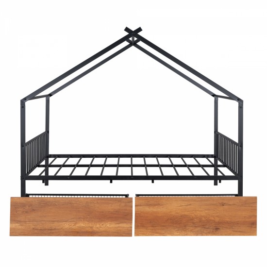 Full Size Metal House Bed with Two Drawers, Black