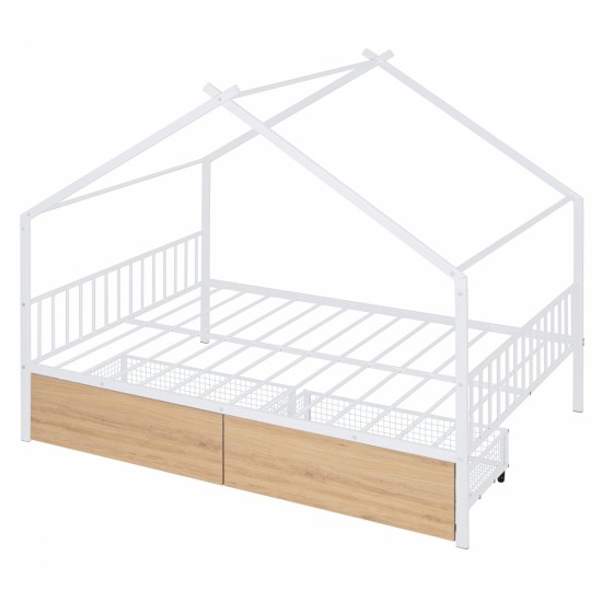 Full Size Metal House Bed with Two Drawers, White