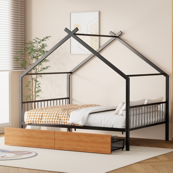 Full Size Metal House Bed with Two Drawers, Black