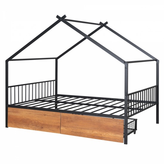 Full Size Metal House Bed with Two Drawers, Black