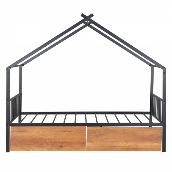 Twin Size Metal House Bed with Two Drawers, Black