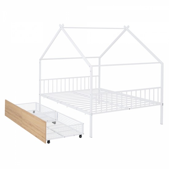 Full Size Metal House Bed with Two Drawers, White