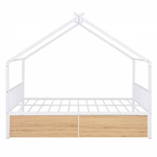 Full Size Metal House Bed with Two Drawers, White