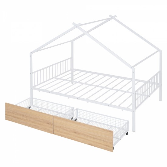 Full Size Metal House Bed with Two Drawers, White