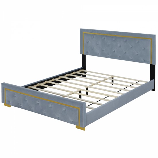 Queen Size Upholstered Platform Bed With Pull Point Headboard And Metal Wire Frame At The Head And Foot Of The Bed, Metal Feet, Velvet, Gray