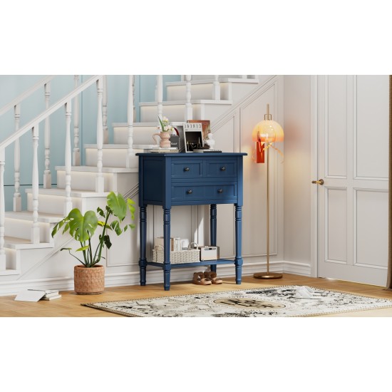 TREXM Narrow Console Table, Slim Sofa Table with Three Storage Drawers and Bottom Shelf (Navy)