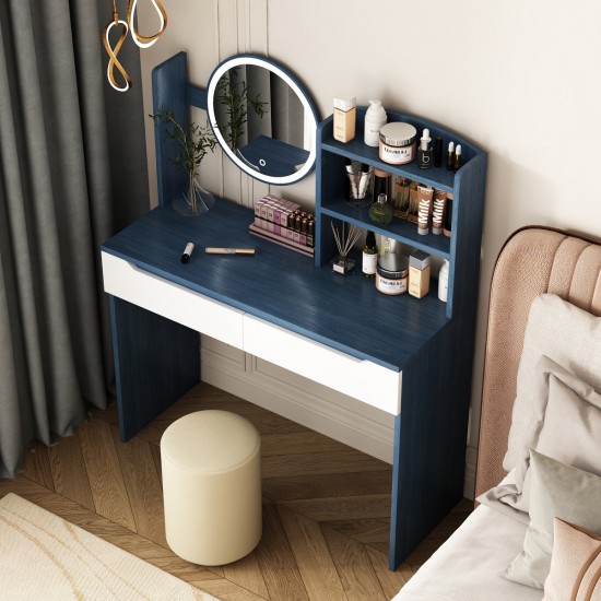 Table Set with HD Mirror Cushion Stool and Large Drawers Mini Makeup Dressing Desk Furniture for Apartment Bedroom/Girls Gift Blue