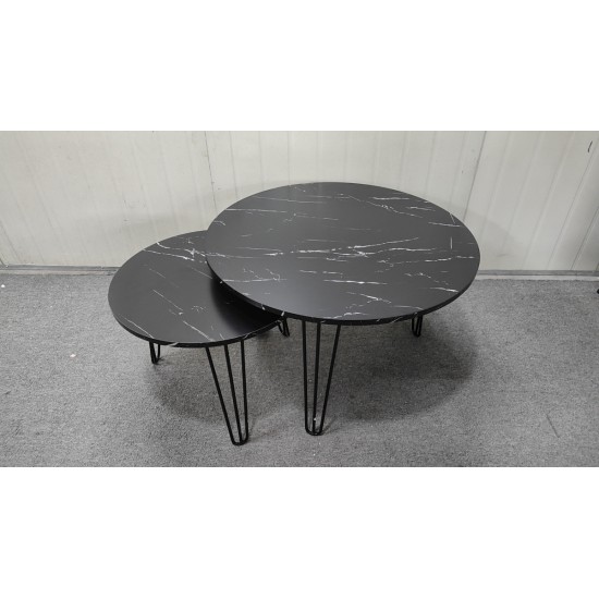 27.56'' Round Nesting Coffee Table Set of 2, Circular Nesting End Table Set, Round Marble Tabletop, and Sturdy Metal Base for Living Room, bedroom, Black