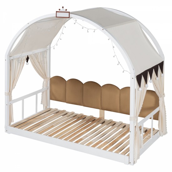 Twin Size Extended Bed With Arched Roof and Trundle, White