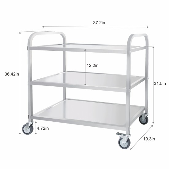 3-Tier Stainless Steel Cart, Serving Cart with Wheels, Restaurant, Household, Service Trolley, 360°Rotation Storage Cart with Locking Wheels 37.4 * 19.2 * 36.6'' L*W*H Rolling Kitchen Food Cart