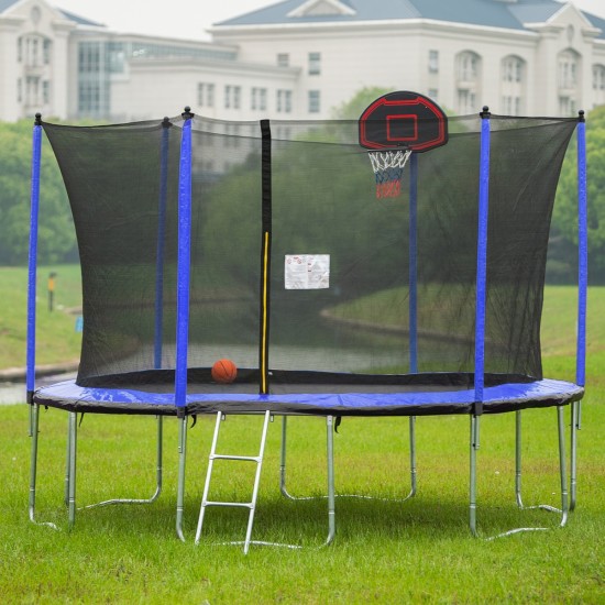 15FT Trampoline with Basketball Hoop Inflator and Ladder(Inner Safety Enclosure) Blue