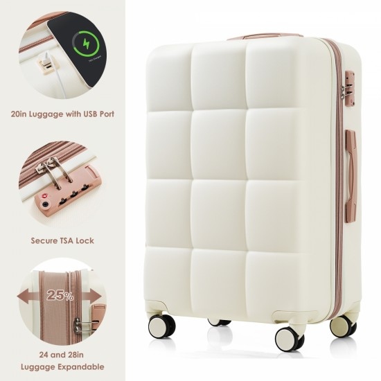 Luggage Sets 4 Piece, 20-inch with USB Port, Expandable ABS Durable Suitcase with Travel Bag,  Cup Holder, ABS Hard Shell Luggage with Spinner Wheels, beige