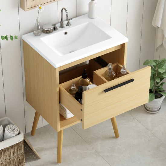 24 Inch  Bathroom Vanity with Sink Combo, Multi-functional Bathroom Cabinet with Drawer,  MDF Board, Natural