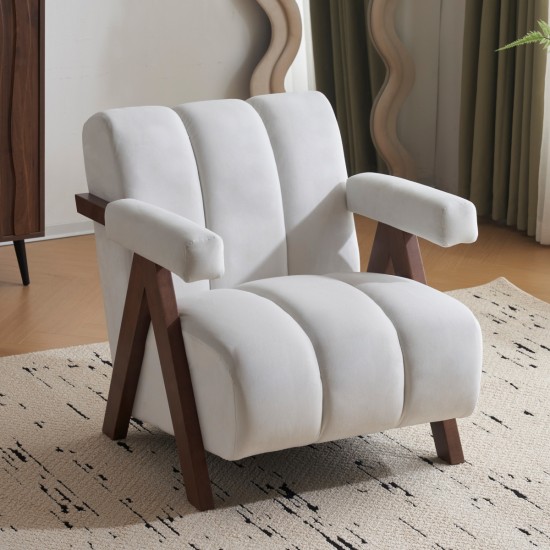 Mid Century Modern Accent Chair with Solid Wood Frame, Upholstered Living Room Chairs with Thick Cushion, Comfy Tufted Arm Chair for Bedroom, Living Room, Velvet, Ivory