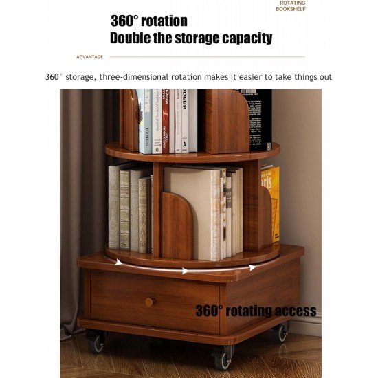 Rotating Bookshelf, 360 Display Corner Bookshelf for Small Space, 6 Tier Bookcase Storage Rack with Wheels, Wood Narrow Organizer for Bedroom, Living Room, Study Room, Walnut Brown