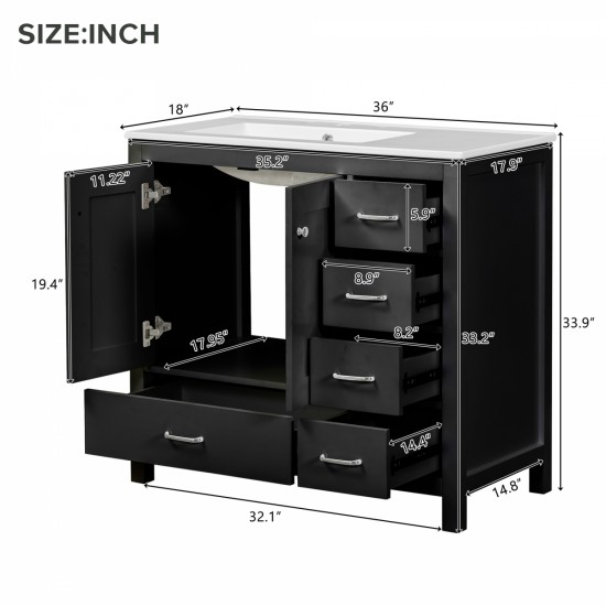 36 Inch  Black Bathroom Vanity with Ceramic Sink Combo, Abundant Storage Cabinet -2 Soft close doors and 5 drawers