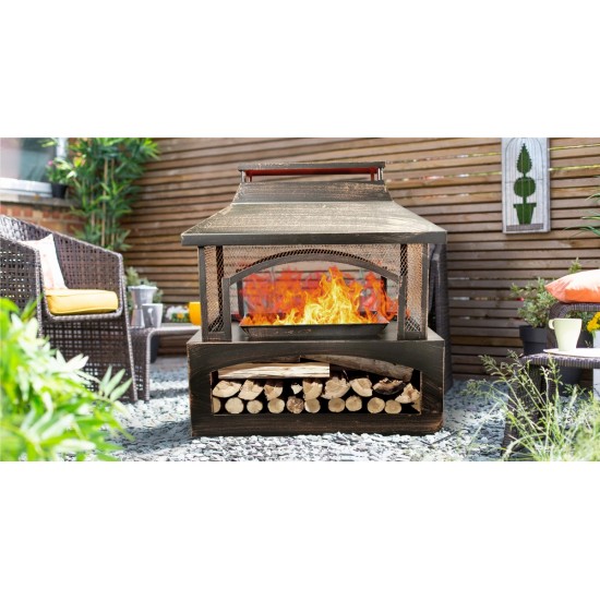 37-Inch Rectangular Metal Outdoor Wood Burning Fireplace - Outdoor Fireplace with Built-in Log Storage and Poker-Brushed Bronze,Log Burner Fire Pit for Patio Garden And Backyard