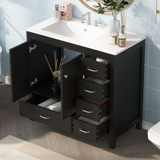 36 Inch  Black Bathroom Vanity with Ceramic Sink Combo, Abundant Storage Cabinet -2 Soft close doors and 5 drawers