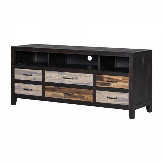 U-Can Retro Distressed Wooden TV Stand for TVs up to 65 Inches, Entertainment Center Media Console with 6 Drawers and 3 Shelves for Living room, Black