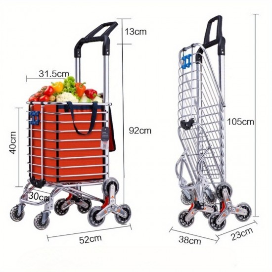 Grocery Laundry Utility Foldable Shopping Cart Trolley, Aluminum Alloy 8-Wheel Stair Climbing, Load Capacity 35L