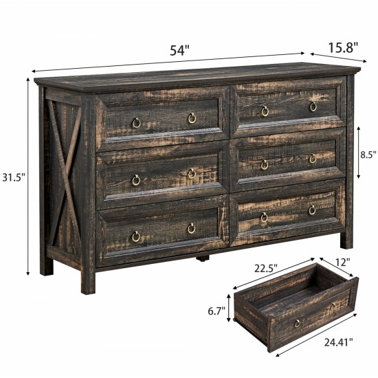 Farmhouse 6 Drawers Dresser for Bedroom, Wood Rustic Wide Chest of Drawers, Storage Dressers Organizer for Bedroom, Living Room, Hallway,Dark Rustic Oak