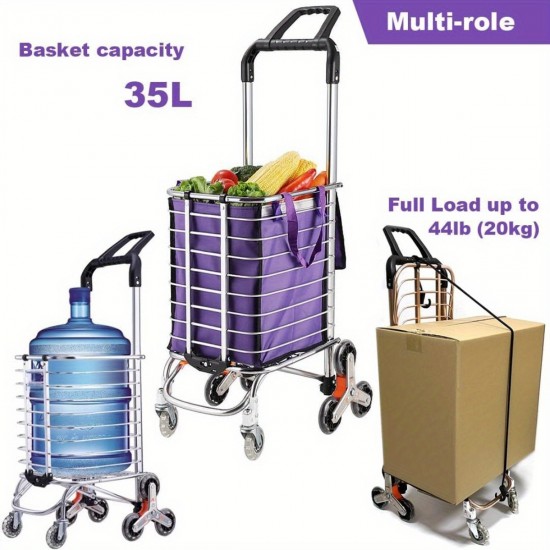 Grocery Laundry Utility Foldable Shopping Cart Trolley, Aluminum Alloy 8-Wheel Stair Climbing, Load Capacity 35L