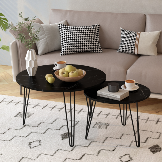 27.56'' Round Nesting Coffee Table Set of 2, Circular Nesting End Table Set, Round Marble Tabletop, and Sturdy Metal Base for Living Room, bedroom, Black