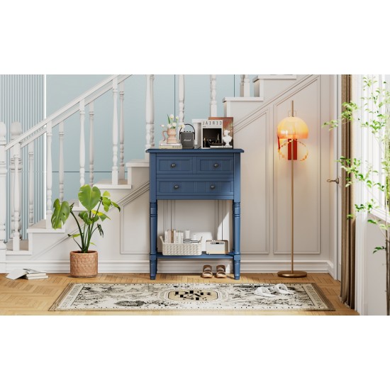 TREXM Narrow Console Table, Slim Sofa Table with Three Storage Drawers and Bottom Shelf (Navy)