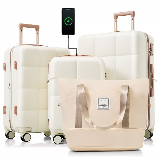 Luggage Sets 4 Piece, 20-inch with USB Port, Expandable ABS Durable Suitcase with Travel Bag,  Cup Holder, ABS Hard Shell Luggage with Spinner Wheels, beige