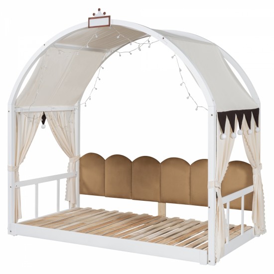 Twin Size Extended Bed With Arched Roof and Trundle, White