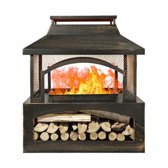 37-Inch Rectangular Metal Outdoor Wood Burning Fireplace - Outdoor Fireplace with Built-in Log Storage and Poker-Brushed Bronze,Log Burner Fire Pit for Patio Garden And Backyard