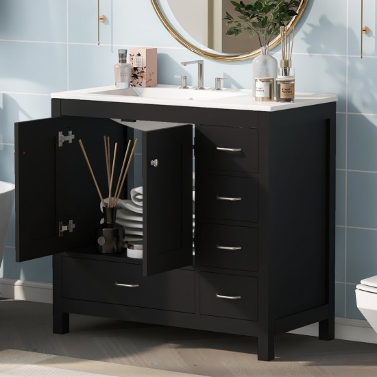 36 Inch  Black Bathroom Vanity with Ceramic Sink Combo, Abundant Storage Cabinet -2 Soft close doors and 5 drawers