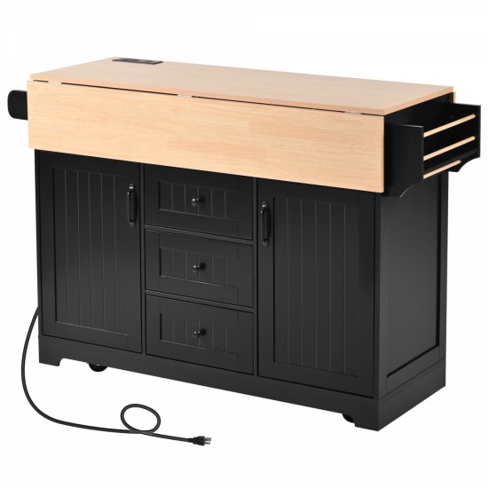 K&K 55.7'' Large Kitchen Island with 2 Drop Leaf,, Rolling Kitchen Cart on 5 Wheels with Power Outlet, Folding Storage Dining Table with Spice & Towel Rack , 3 Drawers, for Kitchen, Dining Room,Black