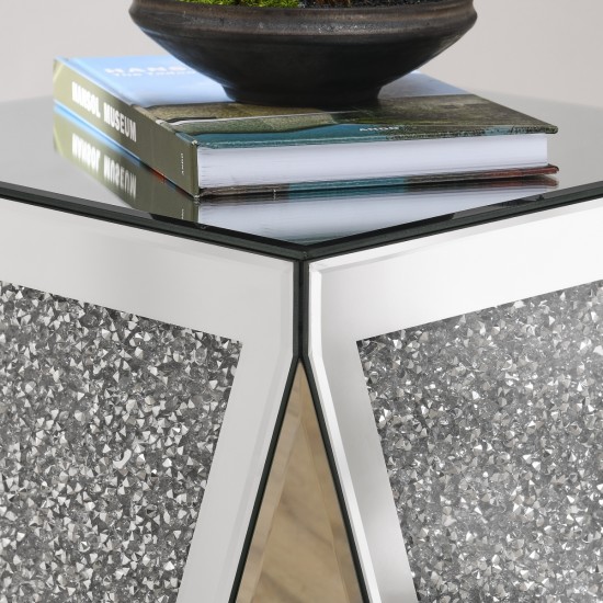 Inverted triangular mirror square table, crystal diamond inlaid coffee table, silver glass side table suitable for corridors, living rooms, corners, bedrooms, sofas