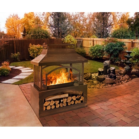 37-Inch Rectangular Metal Outdoor Wood Burning Fireplace - Outdoor Fireplace with Built-in Log Storage and Poker-Brushed Bronze,Log Burner Fire Pit for Patio Garden And Backyard