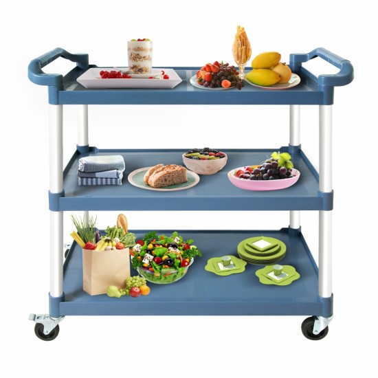 3-Tier Plastic Service Utility Cart with Wheels, Food-service Rolling Cart Heavy Duty 350lbs Capacity,Commercial Rolling for Restaurant, Household, Office, Warehouse, 40.9''L x 19.6''W x 41.3''H