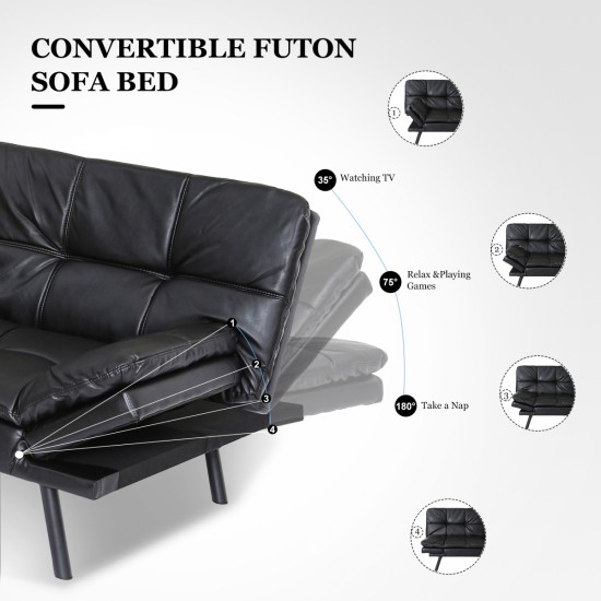 Futon Sofa Bed with Adjustable Backrests Sleeper Couch with Adjustable Armrests  Convertible Sofa Couch Bed for Small Space Apartment  Living Room Black