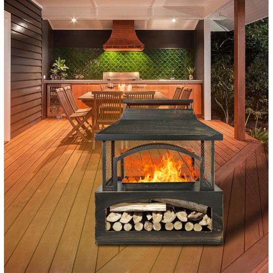 37-Inch Rectangular Metal Outdoor Wood Burning Fireplace - Outdoor Fireplace with Built-in Log Storage and Poker-Brushed Bronze,Log Burner Fire Pit for Patio Garden And Backyard