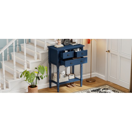 TREXM Narrow Console Table, Slim Sofa Table with Three Storage Drawers and Bottom Shelf (Navy)