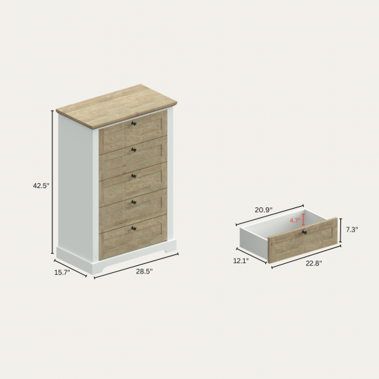 AUTUMN 5 Drawer Chest with Interlock Drawer Feature – Drawer Slide And Interlock Pre-Assembly, Drawer Chest for Closet Tall Dressers for Bedroom Clothes Organizer Tool - Easy Assembly, White Oak