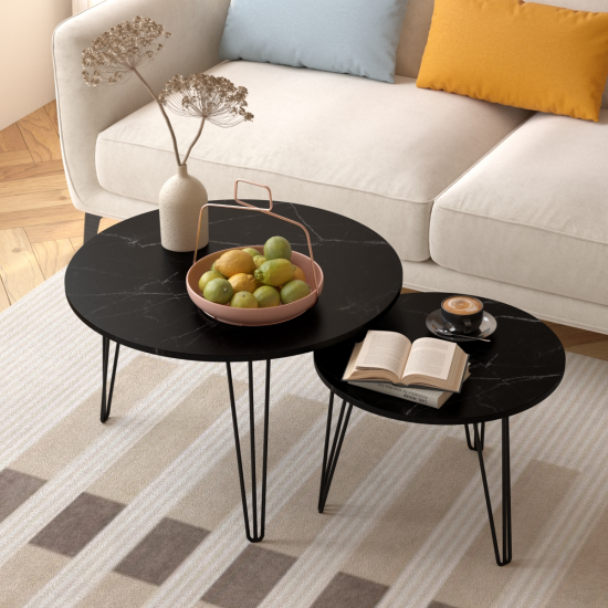 27.56'' Round Nesting Coffee Table Set of 2, Circular Nesting End Table Set, Round Marble Tabletop, and Sturdy Metal Base for Living Room, bedroom, Black