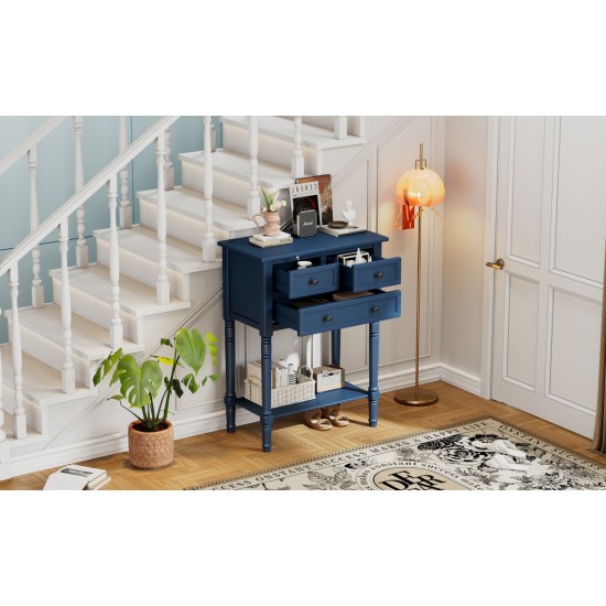 TREXM Narrow Console Table, Slim Sofa Table with Three Storage Drawers and Bottom Shelf (Navy)