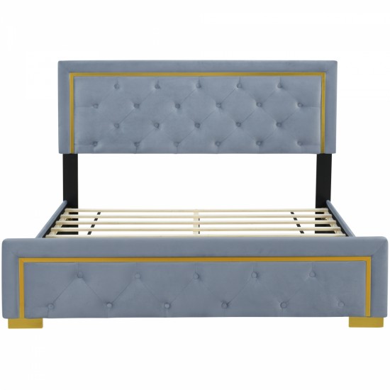 Queen Size Upholstered Platform Bed With Pull Point Headboard And Metal Wire Frame At The Head And Foot Of The Bed, Metal Feet, Velvet, Gray